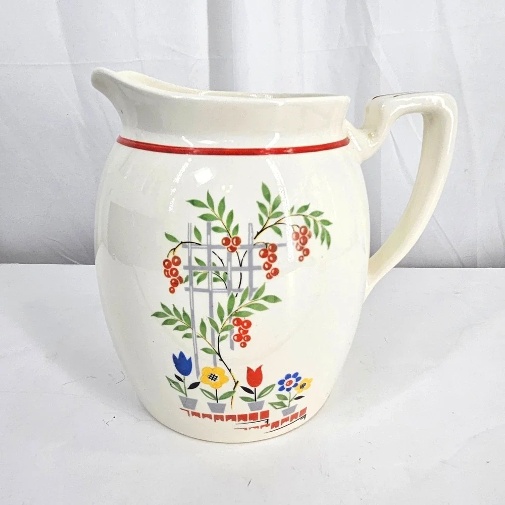 Vintage MCM Floral Trellis Pitcher Ivory Ceramic Water Jug 7